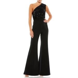 Ieena for Mac Duggal Black Sequin One Shoulder Wide Leg Jumpsuit 26716 Size 2